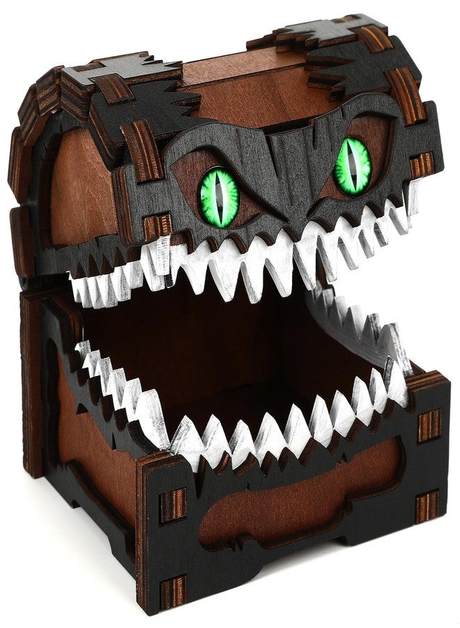JULEASEL Mimic Dice Box - Wooden Monster Treasure Chest with Teeth & Green Eyes, Halloween Desk Decor Creepy Box, Funny Dice Storage for Tabletop RPG & Fantasy Games (Grimjaw) - Image 1